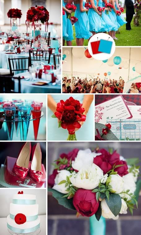 Turquoise Red and White with black velvet accents Flowers are going to be