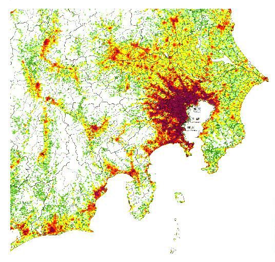 Tokió és a környező területek népsűrűsége