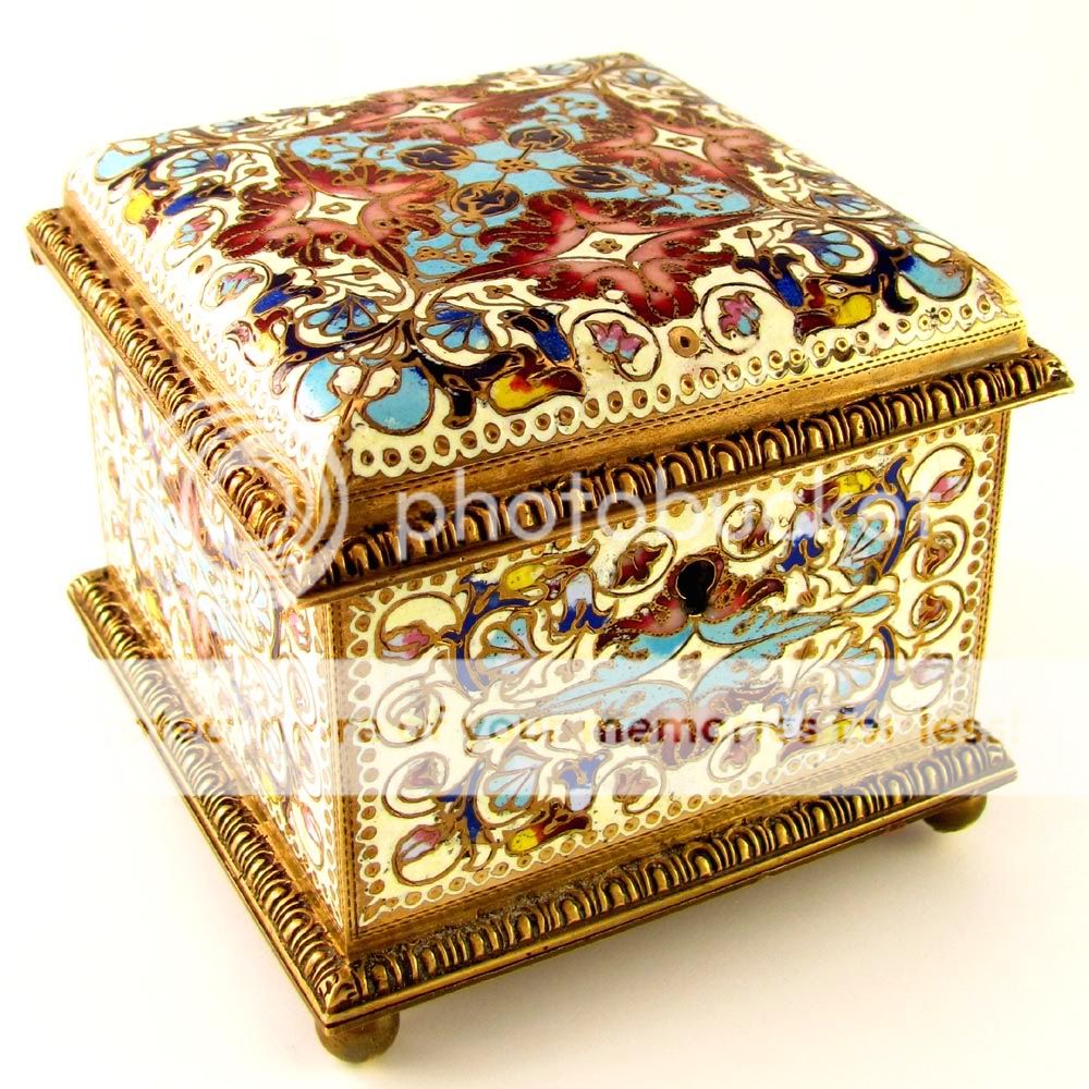   FRENCH SIGNED CHAMPLEVE ENAMEL BRONZE JEWELRY CASKET BOX LOCK  