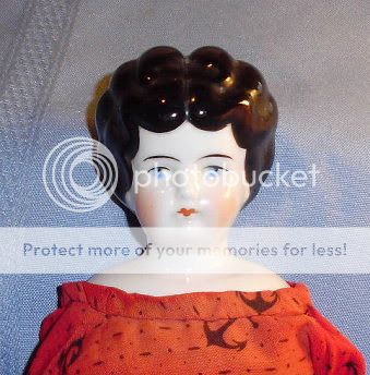 Antique German Hertwig 1880s CHINA DOLL in Antique Red Anchor Print 