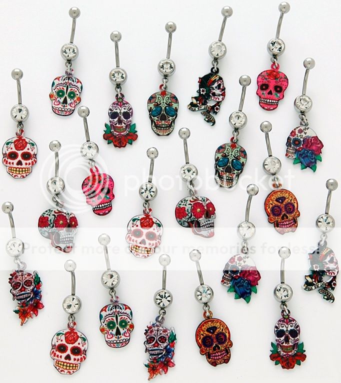 Sugar Skull Tattoo Art Clear CZ Dangle Surgical Steel Belly Button Ring 14g 3 8"